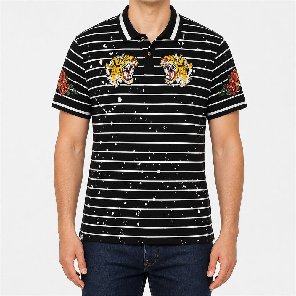 Switch Remarkable Polo Shirt Mens XL Black White Striped Embroidered Tigers